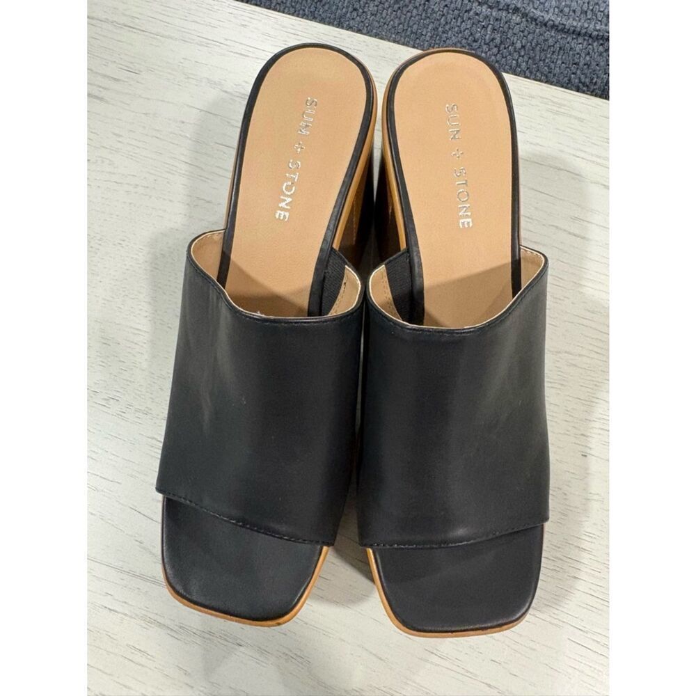 Sun + Stone Black  Platform Mule Sandals with Tan Wood-Look Heel
